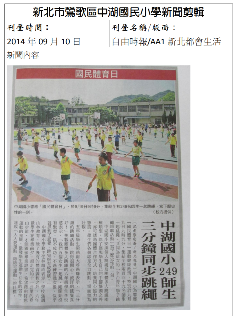 2014.09.10 自由時報-中湖國小249師生_三分鐘同步跳繩